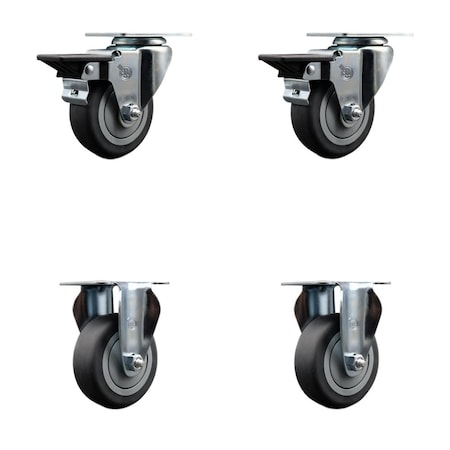 Service Caster 3.5'' Thermo Rubber Wheel Swivel Top Plate Caster Set with 2 Posi Brakes 2 Rigid, 4PK SCC-20S3514-TPRB-PLB-2-R-2